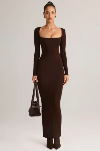 Lux Modal Bodycon-maxiklänning med fyrkantig halsringning i chokladbrunt