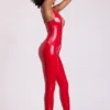 Lynx Vinyl Plunge Neck Catsuit i Fire Red Lynx Vinyl Plunge Neck Catsuit i Fire Red