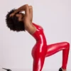 Lynx Vinyl Plunge Neck Catsuit i Fire Red Lynx Vinyl Plunge Neck Catsuit i Fire Red