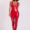 Lynx Vinyl Plunge Neck Catsuit i Fire Red Lynx Vinyl Plunge Neck Catsuit i Fire Red