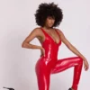 Lynx Vinyl Plunge Neck Catsuit i Fire Red Lynx Vinyl Plunge Neck Catsuit i Fire Red