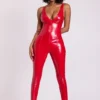 Lynx Vinyl Plunge Neck Catsuit i Fire Red Lynx Vinyl Plunge Neck Catsuit i Fire Red