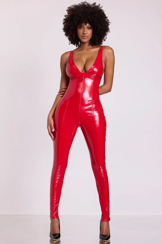Lynx Vinyl Plunge Neck Catsuit i Fire Red Lynx Vinyl Plunge Neck Catsuit i Fire Red