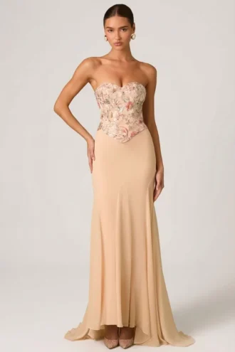 Lysana Embellished Corset Fishtail Gown i Floral Beige