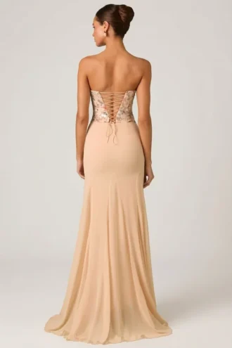 Lysana Embellished Corset Fishtail Gown i Floral Beige
