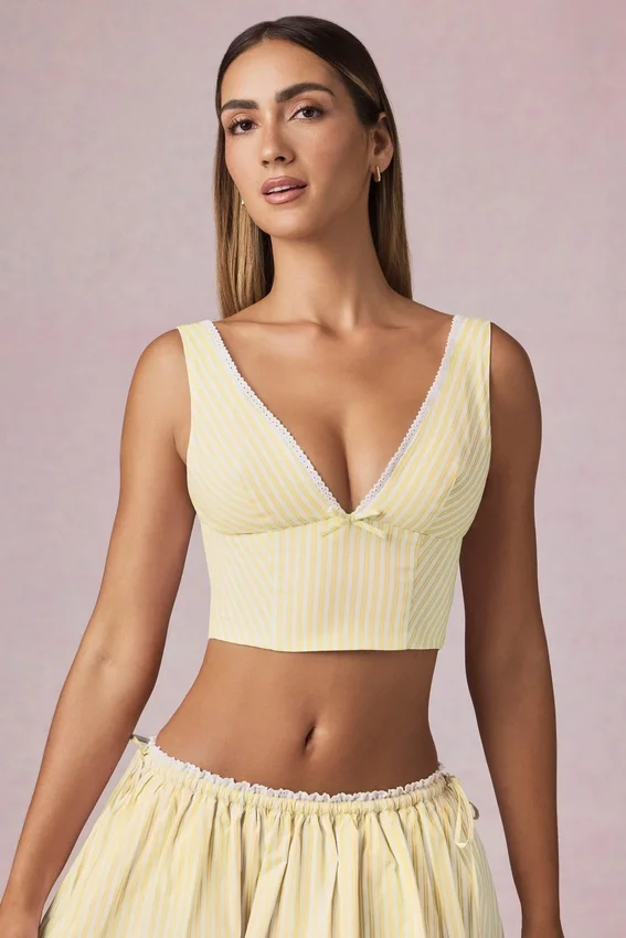 Magda crop top med rosettdetalj i citrongula ränder Magda crop top med rosettdetalj i citrongula ränder