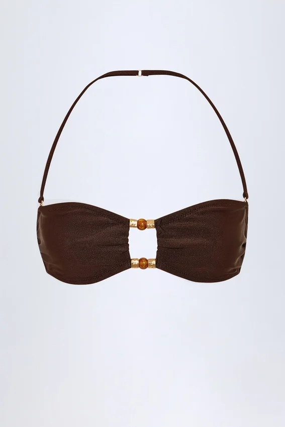 Manava bandeau-bikinitopp med pärlbroderi i mörk choklad Manava bandeau-bikinitopp med pärlbroderi i mörk choklad