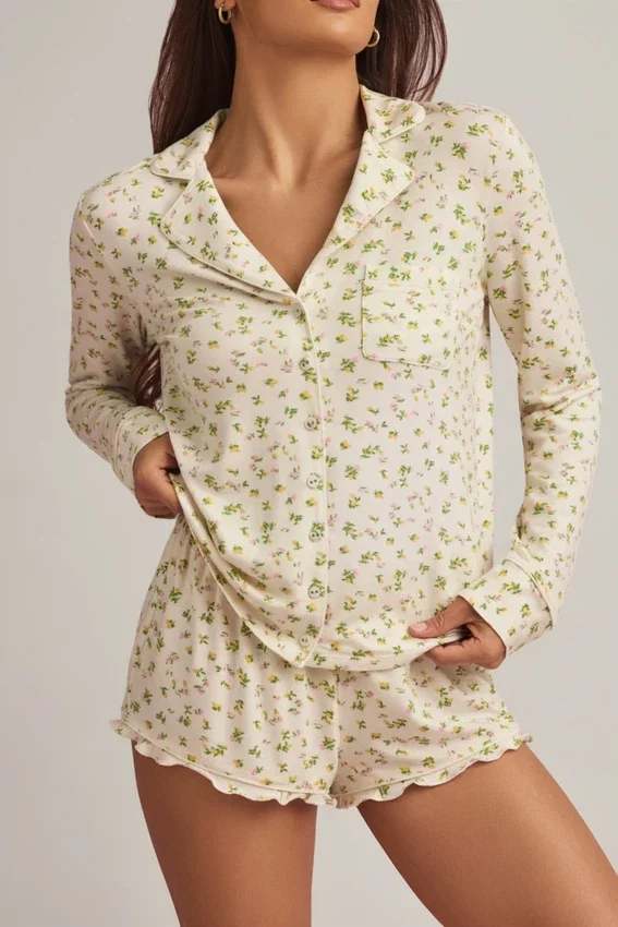 Maphie Modal Ruffle-Trim Pyjama Shorts i citrongult mönster Maphie Modal Ruffle-Trim Pyjama Shorts i citrongult mönster