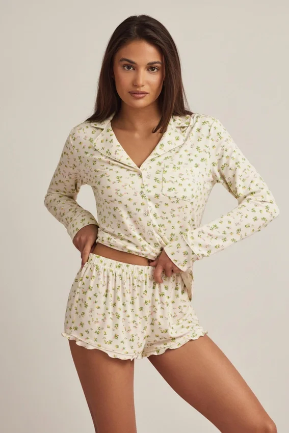 Maphie Modal Ruffle-Trim Pyjama Shorts i citrongult mönster Maphie Modal Ruffle-Trim Pyjama Shorts i citrongult mönster