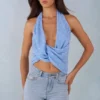 Maraya Deep Plunge Halterneck Top i blått prickmönster Maraya Deep Plunge Halterneck Top i blått prickmönster