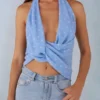 Maraya Deep Plunge Halterneck Top i blått prickmönster Maraya Deep Plunge Halterneck Top i blått prickmönster