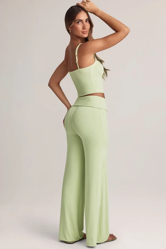 Melida Modal Foldover Wide-Leg Trousers i salviagrön Melida Modal Foldover Wide-Leg Trousers i salviagrön