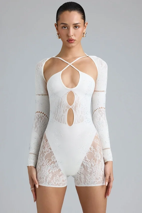 Melody Embellished Cut-Out Unitard i ivory Melody Embellished Cut-Out Unitard i ivory