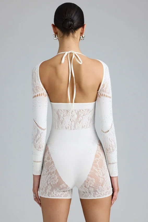 Melody Embellished Cut-Out Unitard i ivory Melody Embellished Cut-Out Unitard i ivory