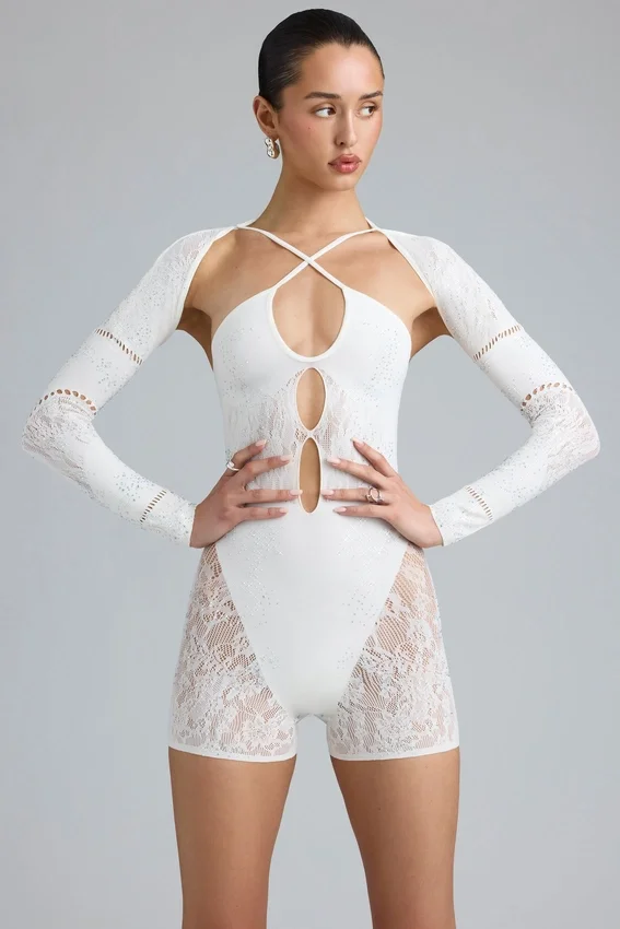 Melody Embellished Cut-Out Unitard i ivory Melody Embellished Cut-Out Unitard i ivory