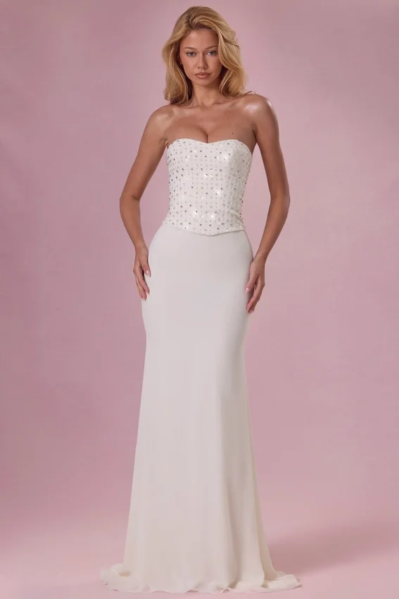 Melora Embellished Corset Strapless Gown i Ivory Melora Embellished Corset Strapless Gown i Ivory