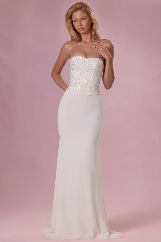 Melora Embellished Corset Strapless Gown i Ivory Melora Embellished Corset Strapless Gown i Ivory