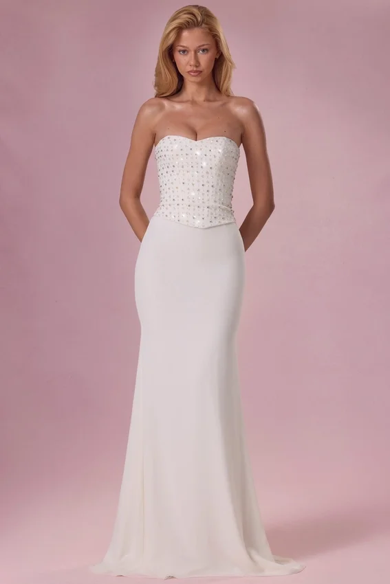 Melora Embellished Corset Strapless Gown i Ivory Melora Embellished Corset Strapless Gown i Ivory