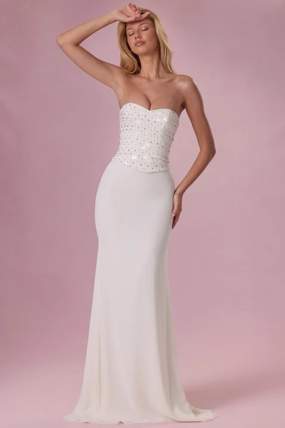 Melora Embellished Corset Strapless Gown i Ivory Melora Embellished Corset Strapless Gown i Ivory