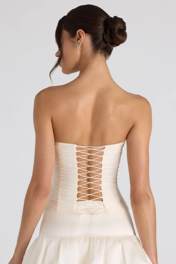 Melvina Ruched Lace-Up Strapless Corset Top i ivory Melvina Ruched Lace-Up Strapless Corset Top i ivory