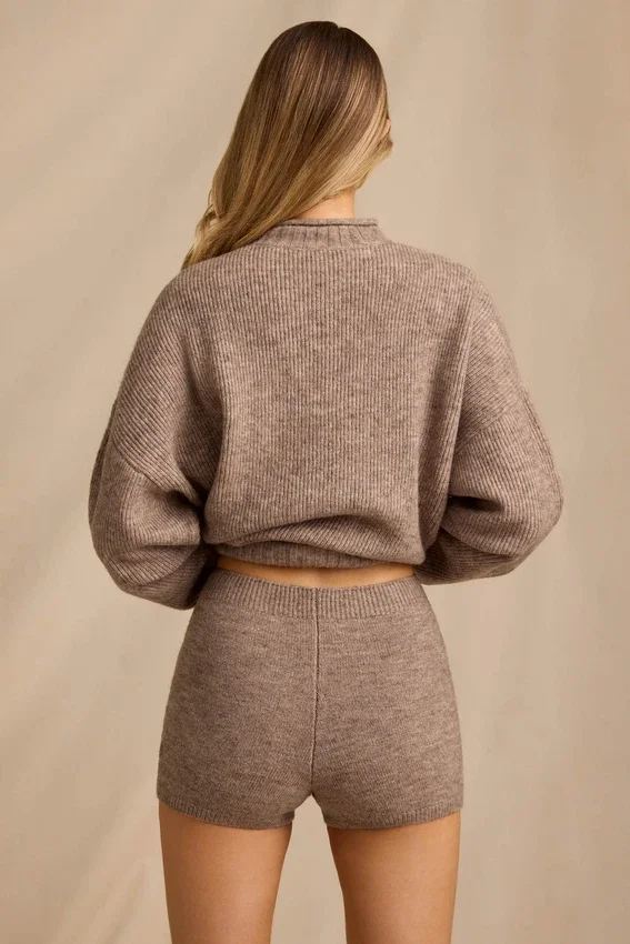 Mid-Rise Knit Mini Shorts i Brown Marl Mid-Rise Knit Mini Shorts i Brown Marl