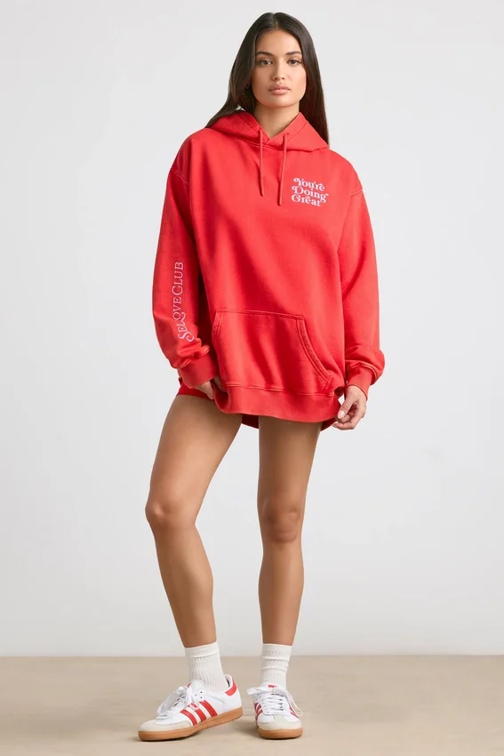 Mjuk bomullsjersey-hoodie i rött Mjuk bomullsjersey-hoodie i rött
