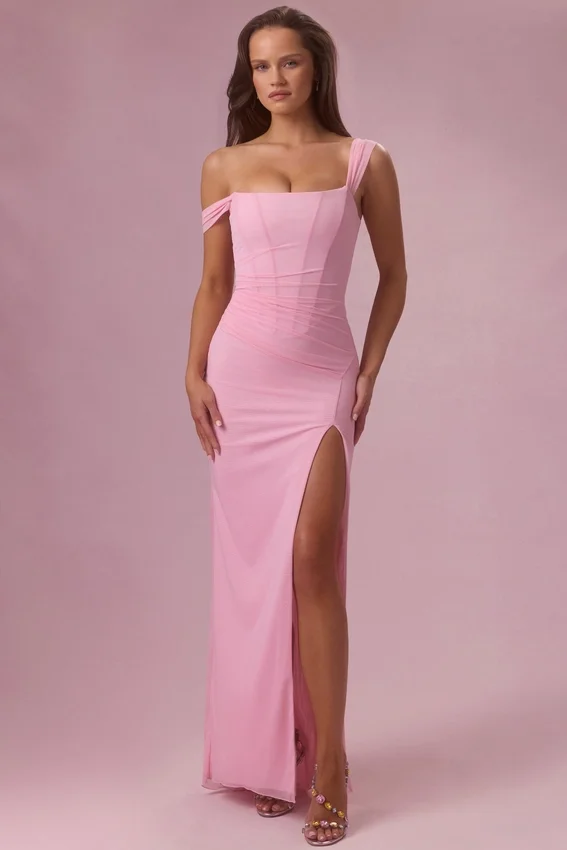 Naelle Mesh Draped Corset Gown i Candyfloss Pink Naelle Mesh Draped Corset Gown i Candyfloss Pink