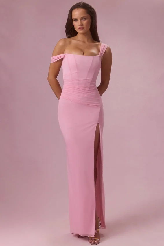 Naelle Mesh Draped Corset Gown i Candyfloss Pink Naelle Mesh Draped Corset Gown i Candyfloss Pink