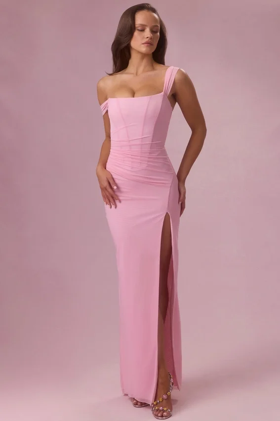 Naelle Mesh Draped Corset Gown i Candyfloss Pink Naelle Mesh Draped Corset Gown i Candyfloss Pink