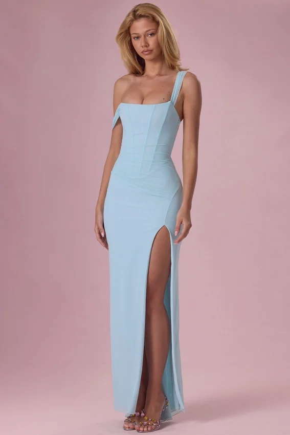 Naelle Mesh Draped Corset Gown i ljus aqua Naelle Mesh Draped Corset Gown i ljus aqua