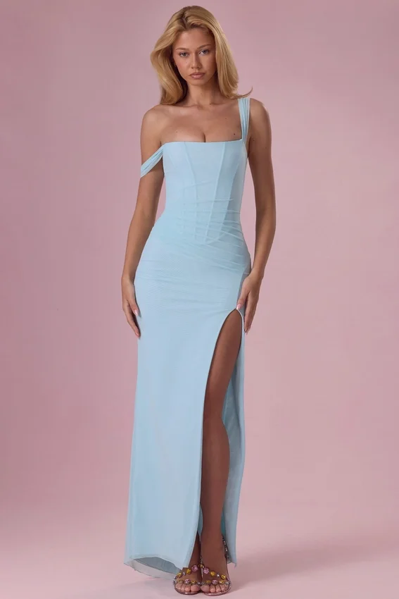 Naelle Mesh Draped Corset Gown i ljus aqua Naelle Mesh Draped Corset Gown i ljus aqua