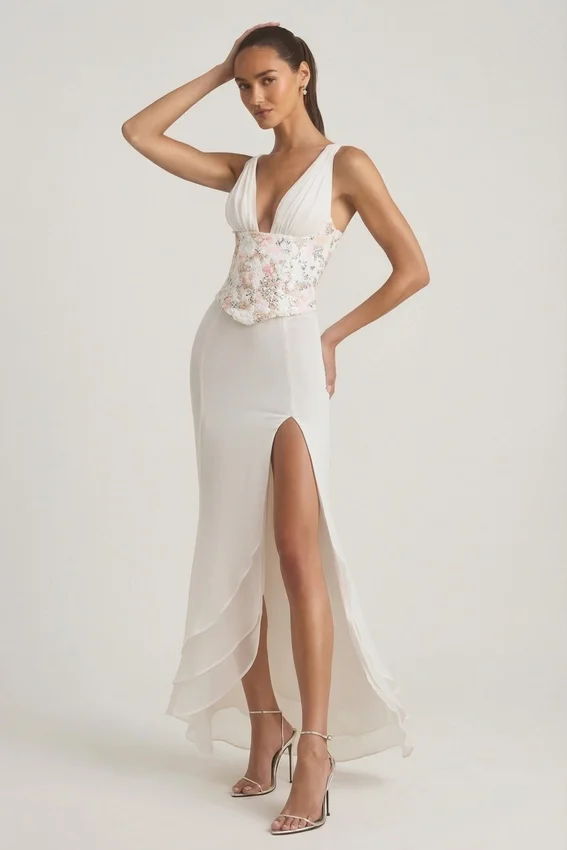 Nathalia Embellished Plunge Ruffled Corset Maxiklänning i elfenben Nathalia Embellished Plunge Ruffled Corset Maxiklänning i elfenben
