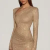 Nevina Asymmetrisk bodycon-miniklänning med dekorationer i guld Nevina Asymmetrisk bodycon-miniklänning med dekorationer i guld