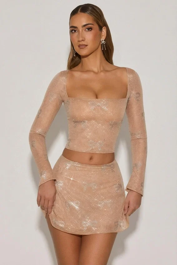 Nolene Embellished Mid-Rise A-Line Mini Kjolar i Almond Nolene Embellished Mid-Rise A-Line Mini Kjolar i Almond