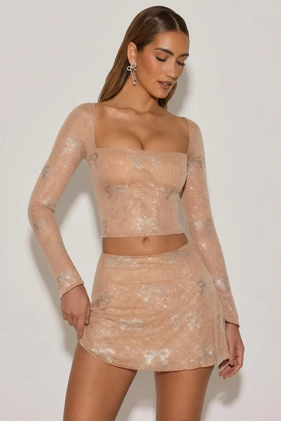 Nolene Embellished Mid-Rise A-Line Mini Kjolar i Almond Nolene Embellished Mid-Rise A-Line Mini Kjolar i Almond