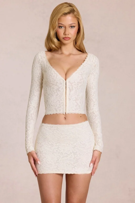 Odelia Lace Plunge Cardigan i elfenben Odelia Lace Plunge Cardigan i elfenben