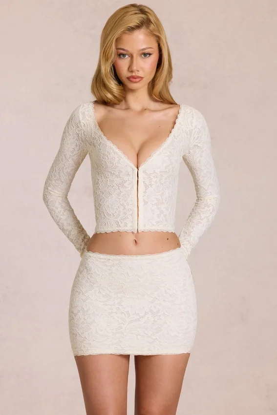 Odelia Lace Plunge Cardigan i elfenben Odelia Lace Plunge Cardigan i elfenben