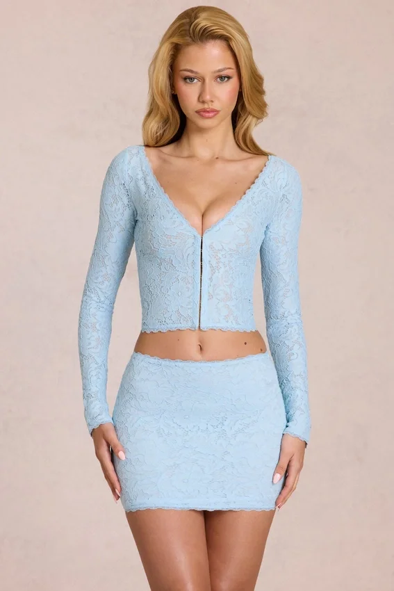 Odelia Lace Plunge Cardigan i Powder Blue Odelia Lace Plunge Cardigan i Powder Blue