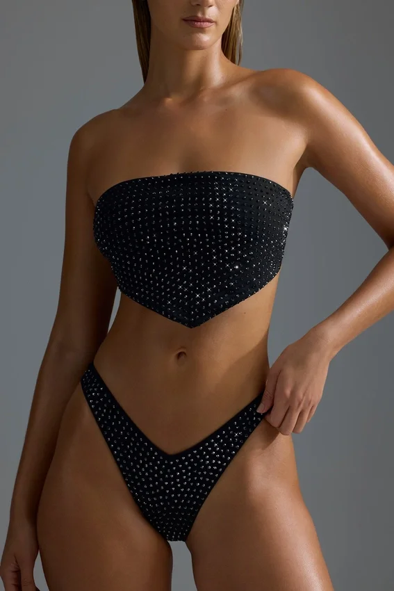 Oh Polly Badkläder: HOTFIX Edition Embellished Scarf Bandeau Bikini Toppar i svart Oh Polly Badkläder: HOTFIX Edition Embellished Scarf Bandeau Bikini Toppar i svart