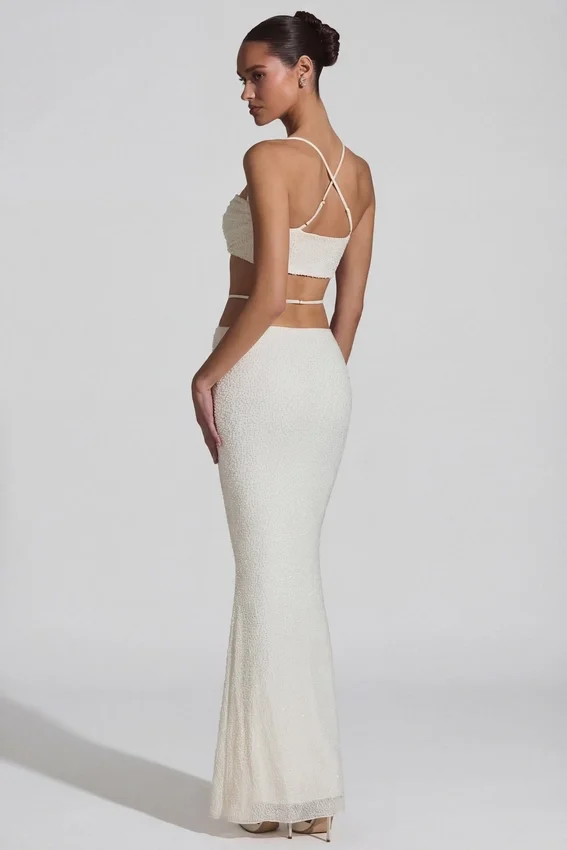 Pisa Embellished Cross Back Crop Top i vitt Pisa Embellished Cross Back Crop Top i vitt
