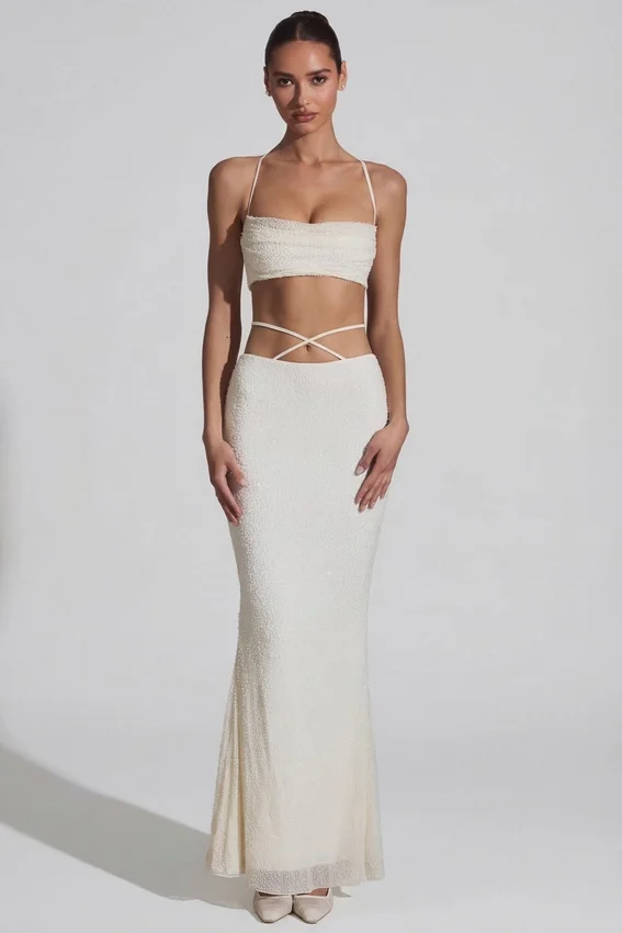 Pisa Embellished Cross Back Crop Top i vitt Pisa Embellished Cross Back Crop Top i vitt