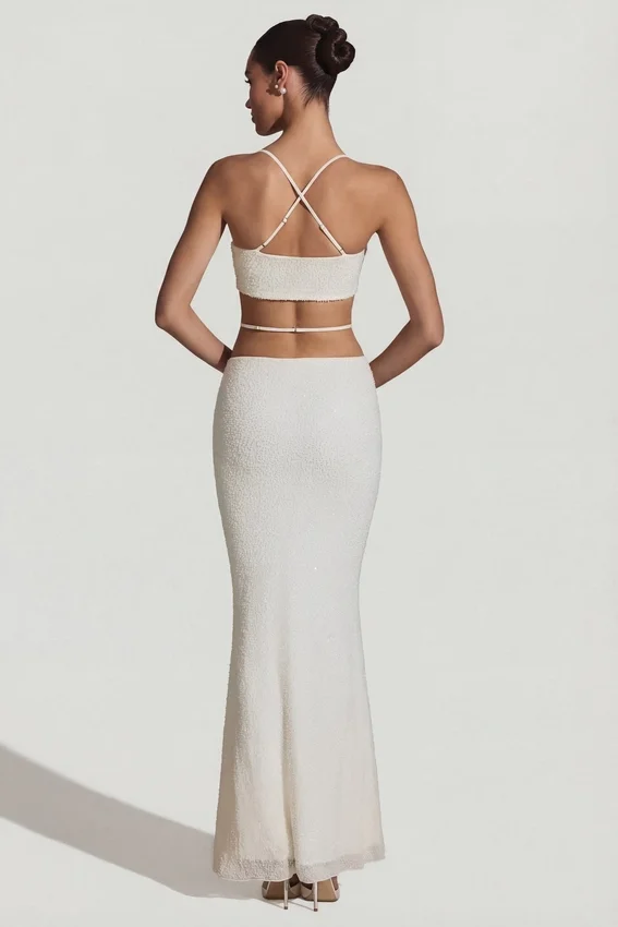 Pisa Embellished Cross Back Crop Top i vitt Pisa Embellished Cross Back Crop Top i vitt