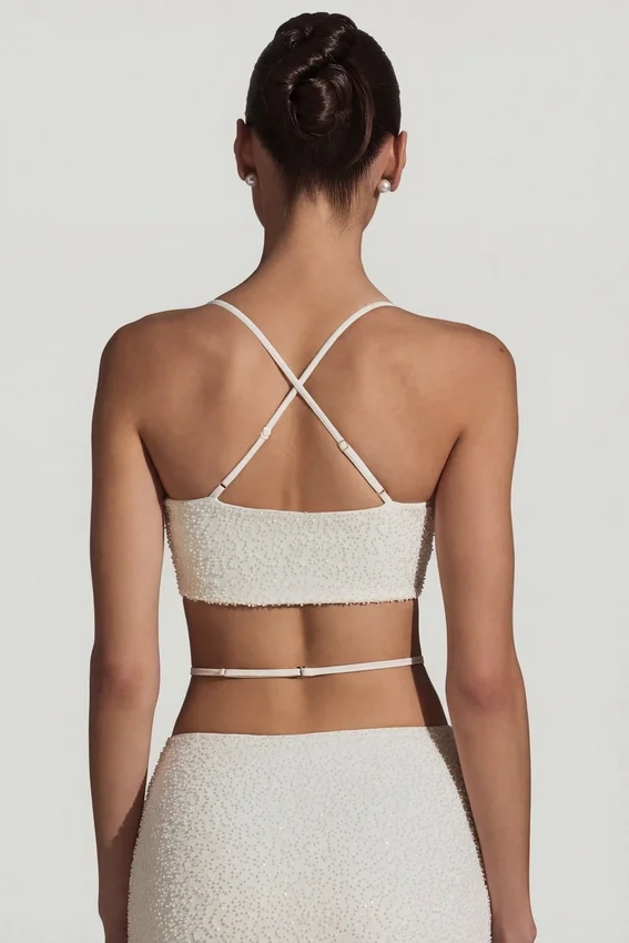 Pisa Embellished Cross Back Crop Top i vitt Pisa Embellished Cross Back Crop Top i vitt
