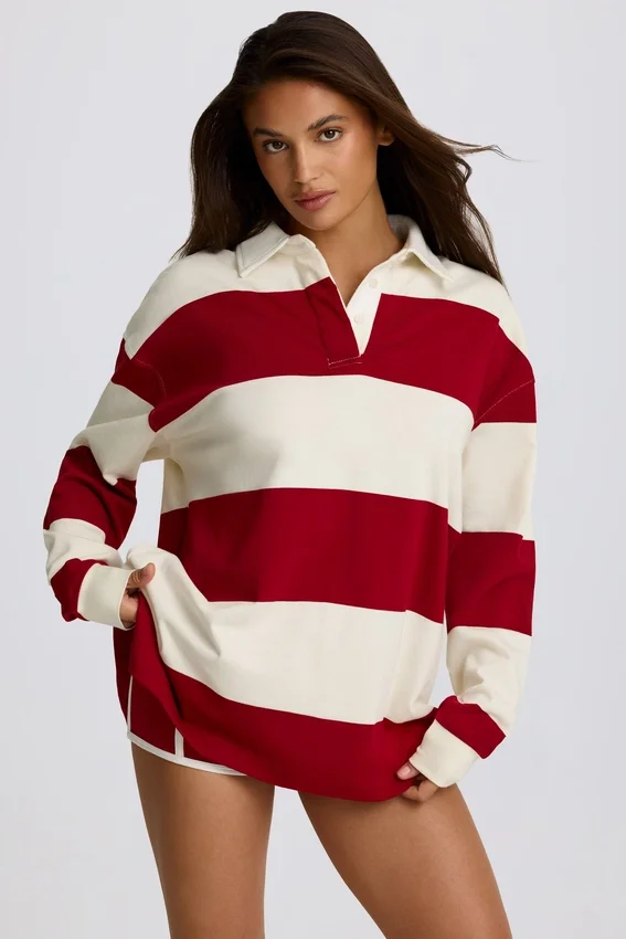 Randig oversized långärmad T-shirt i mörkrött Randig oversized långärmad T-shirt i mörkrött