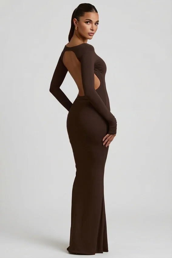 Regine Modal Ruched Backless Maxiklänning i chokladbrunt Regine Modal Ruched Backless Maxiklänning i chokladbrunt