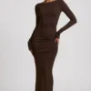 Regine Modal Ruched Backless Maxiklänning i chokladbrunt Regine Modal Ruched Backless Maxiklänning i chokladbrunt