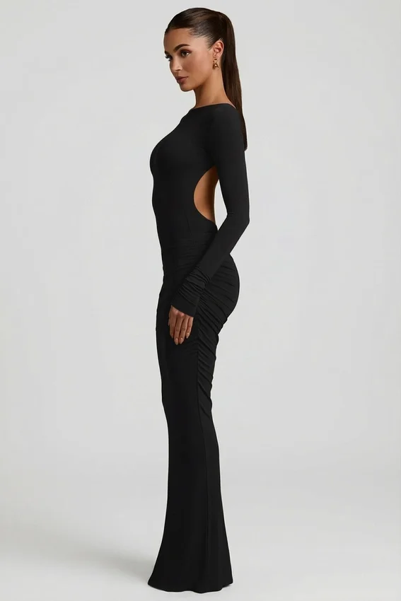 Regine Modal Ruched Backless Maxiklänning i svart Regine Modal Ruched Backless Maxiklänning i svart