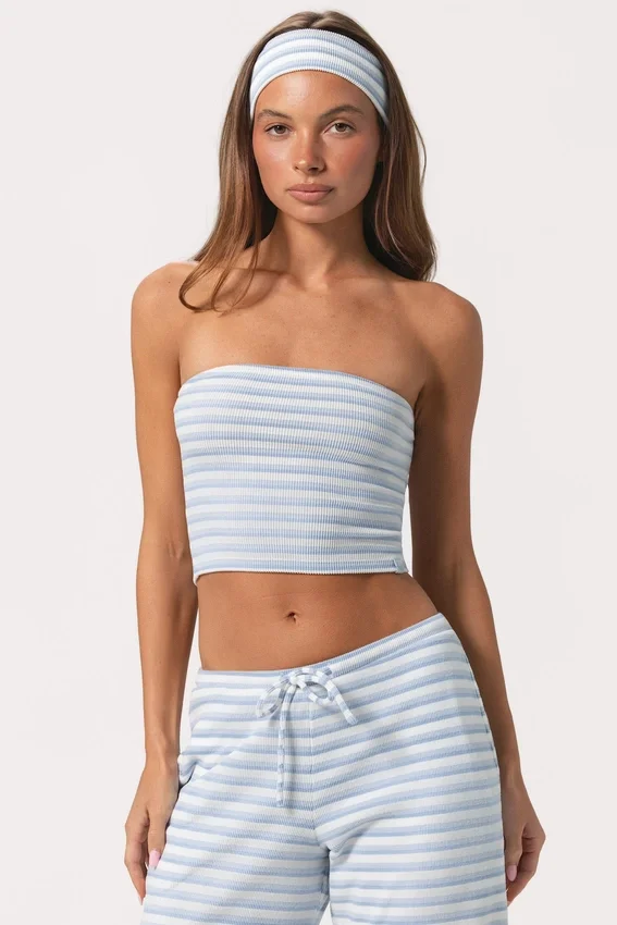Ribbad jersey-bandeau-top i blå rand Ribbad jersey-bandeau-top i blå rand