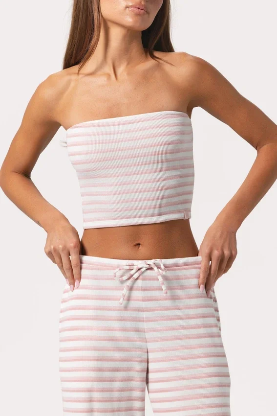 Ribbad jersey-bandeau-top i rosa randigt Ribbad jersey-bandeau-top i rosa randigt