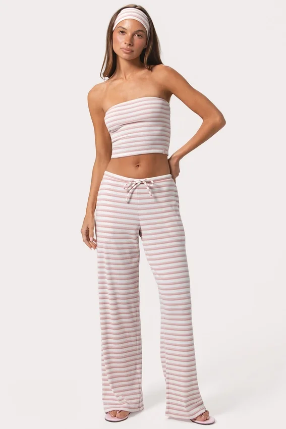 Ribbad jersey-bandeau-top i rosa randigt Ribbad jersey-bandeau-top i rosa randigt